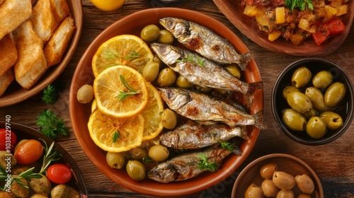 Rustic Tapas with Anchovies and Olives on Table