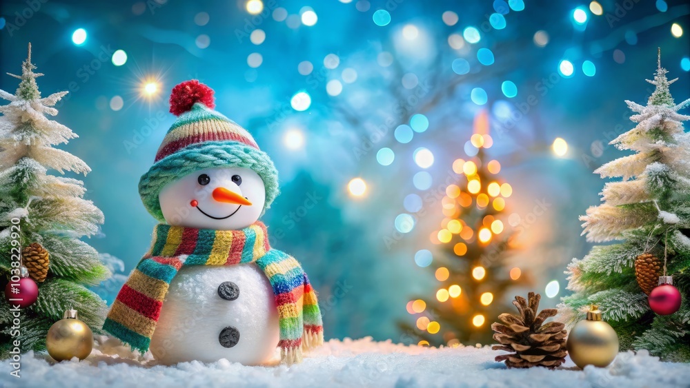 Enchanting Snowman and Christmas Trees Amidst a Magical Blue Bokeh Background for Holiday Cheer and Festive Spirit Enchanting Snowman and Christmas Trees Amidst a Magical Blue Bokeh Background for Holiday Cheer and Festive Spirit