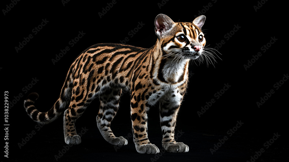 Fototapeta premium A beautiful ocelot with a black background.