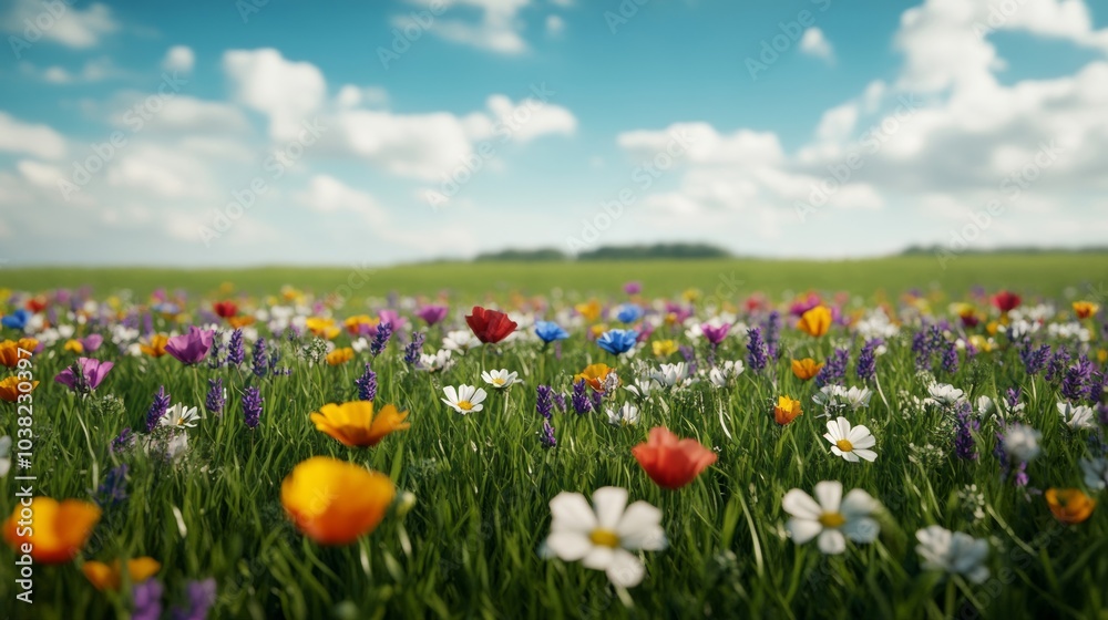 Obraz premium Wide shot of a wildflower meadow with an array of colors, including poppies, daisies, and lavender, gently swaying in a light spring breeze 