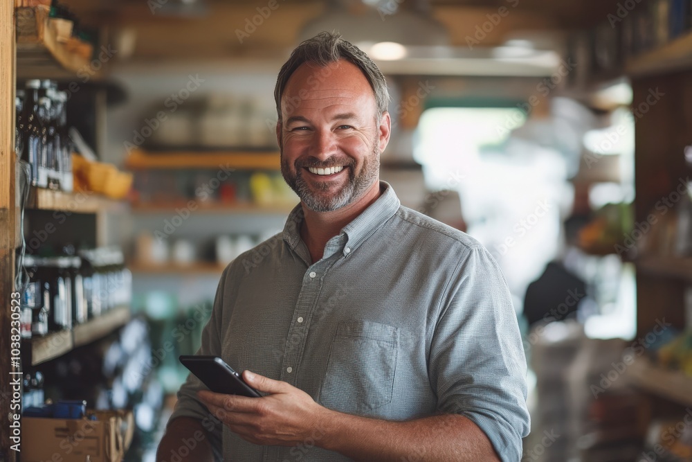 Business Owner Talking: Smiling Caucasian Man Talking on Smartphone in a Shop Business Owner Talking: Smiling Caucasian Man Talking on Smartphone in a Shop