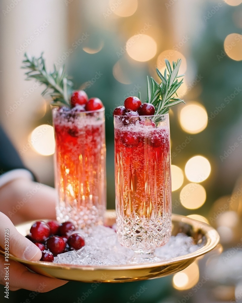 Festive cranberry drinks with rosemary and ice on a holiday tray, cocktails Festive cranberry drinks with rosemary and ice on a holiday tray, cocktails
