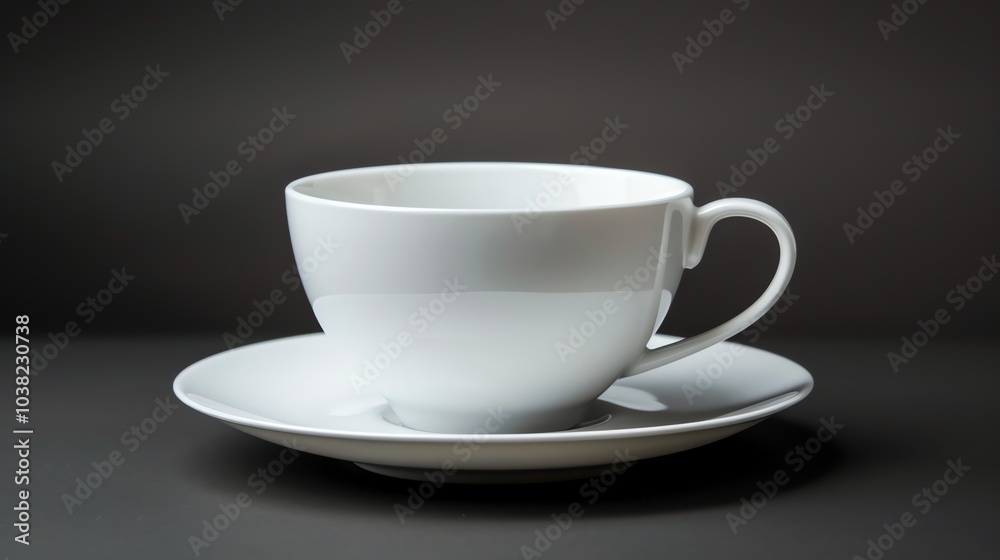 A white teacup and saucer on a dark background. A white teacup and saucer on a dark background.