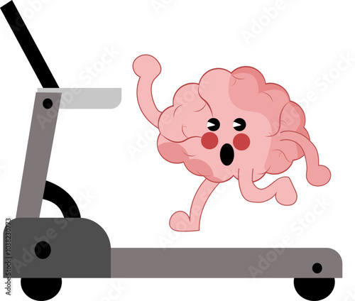 cute cartoon Jogging flat illustration Design, Treadmill running, brain character Treadmill warm-up exercises indoors