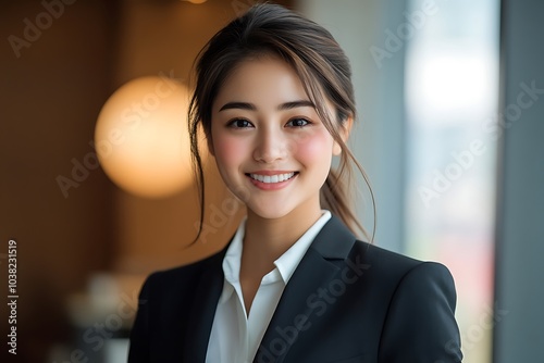 Confident Young Asian Businesswoman in Suit Looking at Camera