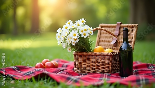 Picnic basket filled with colorful flowers bouquet, some fruits and wine bottle at green park on sunshine day