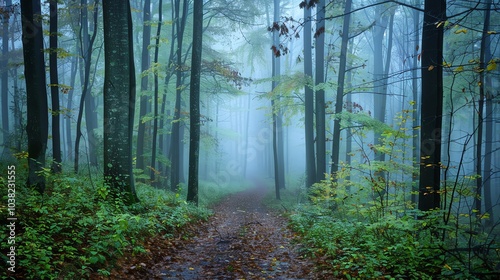 A misty forest path.