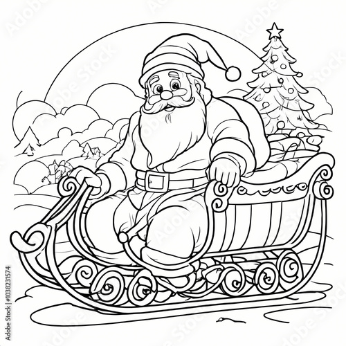 Santa Claus Riding In Sleight Coloring Book Page photo