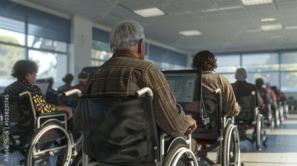 Obraz premium A group of individuals in wheelchairs is seated in a well-lit room, focused on computer screens, suggesting a communal learning environment.