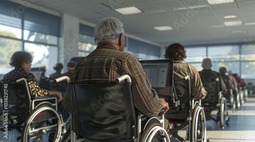 A group of individuals in wheelchairs is seated in a well-lit room, focused on computer screens, suggesting a communal learning environment.