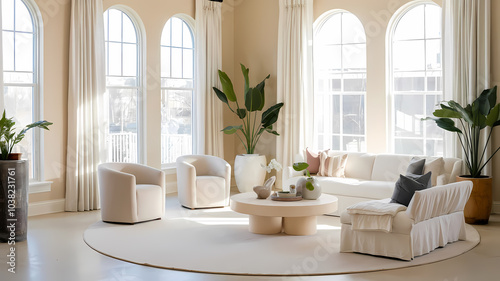 Stylish living room featuring large windows, modern furniture, and indoor plants in a bright, minimalistic design.