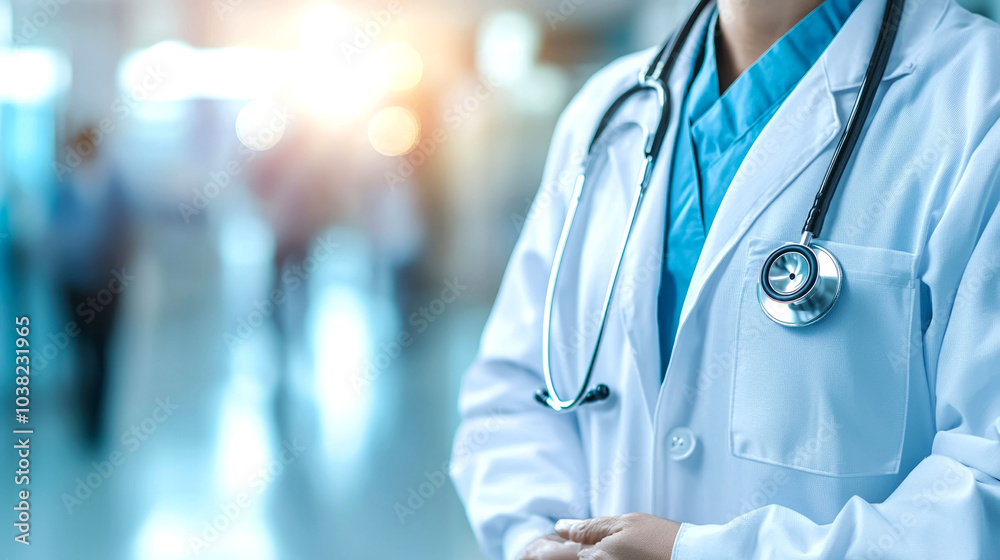A doctor wearing a white coat and stethoscope, standing in a hospital hallway. A doctor wearing a white coat and stethoscope, standing in a hospital hallway.