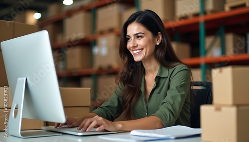 Portrait of smiling woman working on laptop in the warehouse, logistic, workplace concept