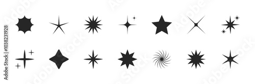 Various Cool Star Forms Isolated on White Background Vector Graphic Design Elements Bundle. Different Abstract Twinkle Sparkle Shine Effect Clip Art Collection. Geometric Graphical Magic Shine Symbols