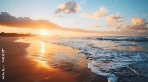 A beautiful sunset over a sandy beach with waves crashing on the shore.