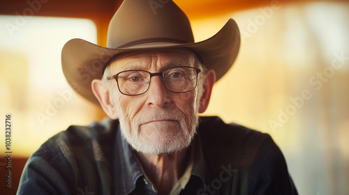 Portrait of Older Man in Cowboy Hat and Glasses