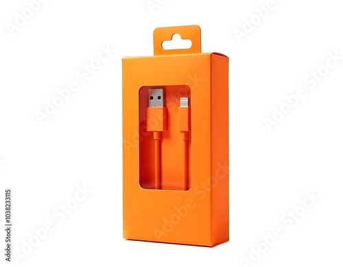 An orange mobile phone charging cable in an orange carton package isolated on white background