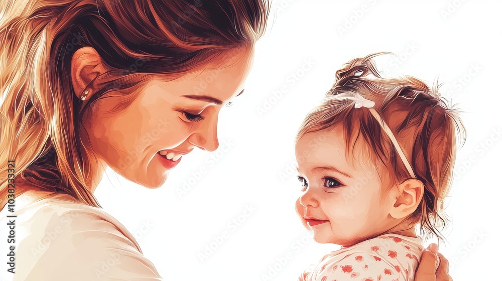 Portrait of happy mother embracing her baby girl over white transparent background