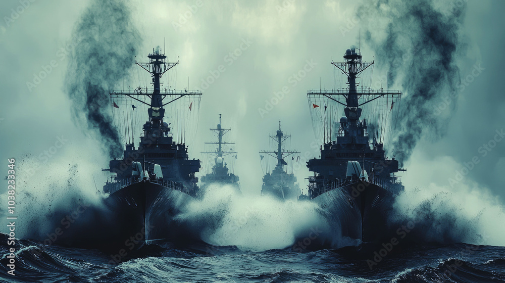 A fleet of warships sail through a stormy sea, leaving trails of smoke behind them. A fleet of warships sail through a stormy sea, leaving trails of smoke behind them.