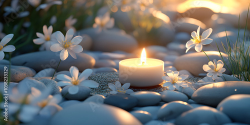A white candle is lit on a rocky surface, surrounded by white flowers and rocks, creating a serene atmosphere.
