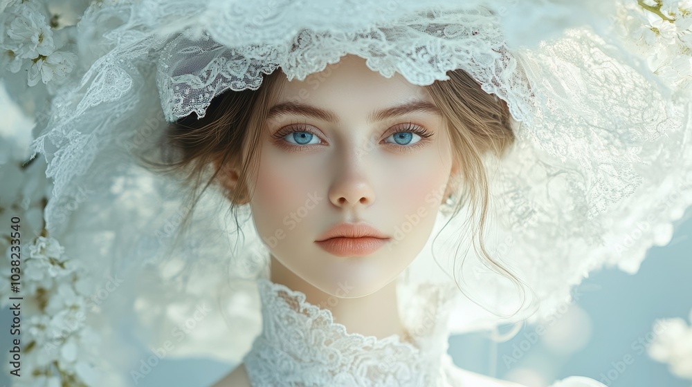 Portrait of a young elegant woman in a white costume and with an extravagant hat, fashion outfit on studio background. Generative AI. Portrait of a young elegant woman in a white costume and with an extravagant hat, fashion outfit on studio background. Generative AI.
