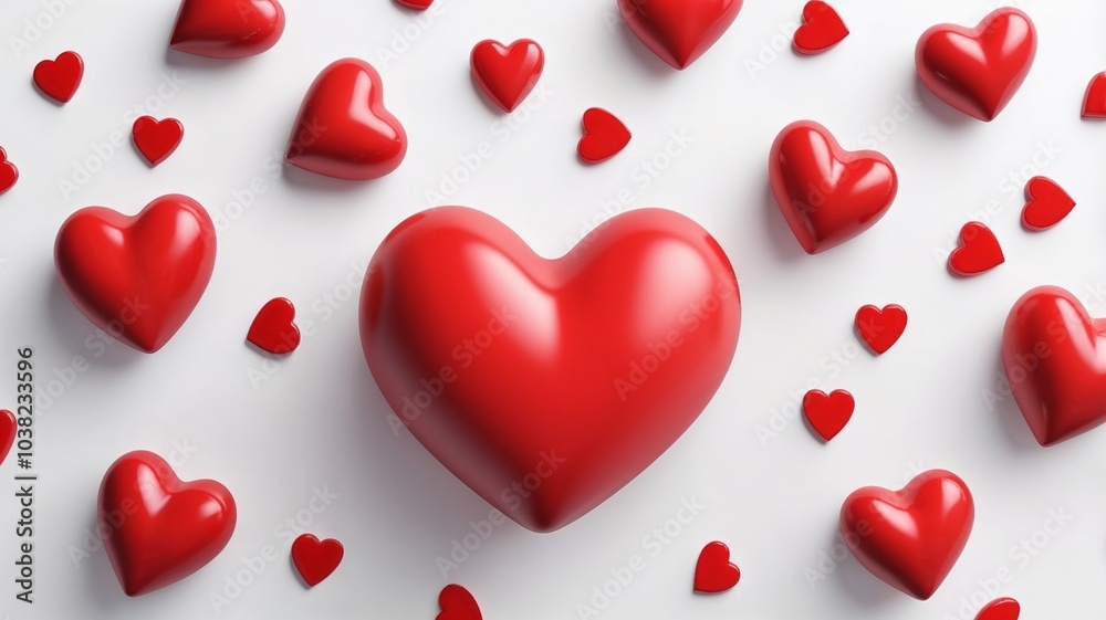 Collection of glossy red hearts on a bright background for Valentine's Day Collection of glossy red hearts on a bright background for Valentine's Day