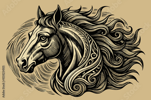 horse head vector with swirling elements around it, vintage aesthetics sketch, tattoo