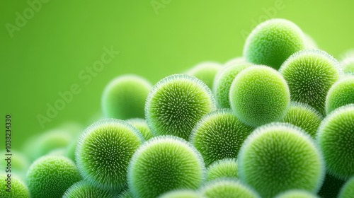 Green spherical microorganisms against a vibrant green background. photo