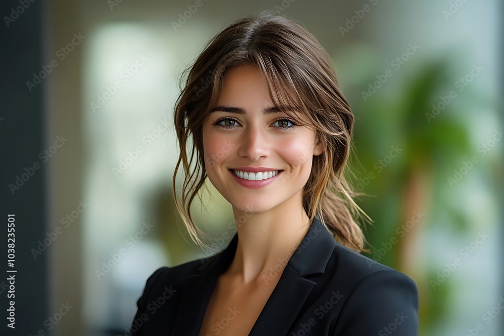 Confident Young Woman in Black Jacket Smiling Indoor Portrait Confident Young Woman in Black Jacket Smiling Indoor Portrait