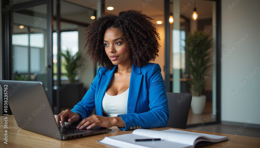Businesswoman working on laptop in modern office Businesswoman working on laptop in modern office