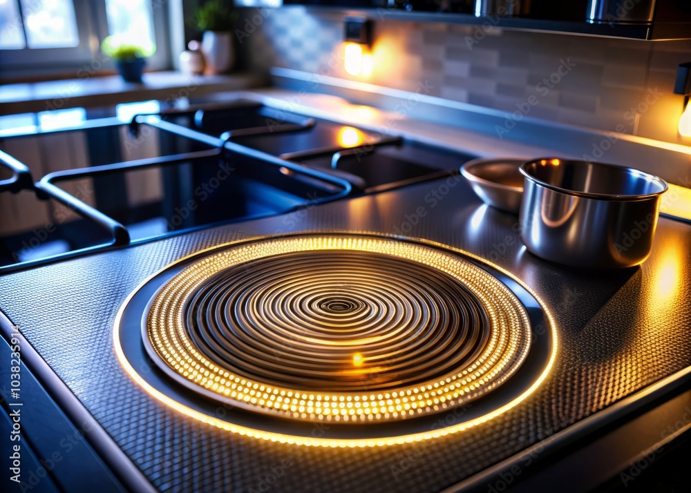 Induction Badge Design for Kitchenware - Spiral Symbols for Cookware Compatibility, Modern Stove Top, Frying Pan, Saucepan, Night Photography, Kitchen Decor Induction Badge Design for Kitchenware - Spiral Symbols for Cookware Compatibility, Modern Stove Top, Frying Pan, Saucepan, Night Photography, Kitchen Decor