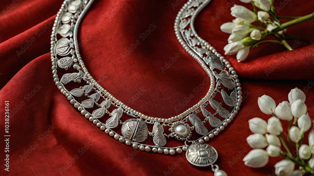 A stunning handmade silver necklace adorned with pearls features intricate macro carvings. Displayed on luxurious red silk cloth, this elegant piece embodies women’s fashion & exquisite jewelry design A stunning handmade silver necklace adorned with pearls features intricate macro carvings. Displayed on luxurious red silk cloth, this elegant piece embodies women’s fashion & exquisite jewelry design