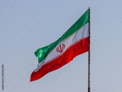 Iranian flag waving in the wind. Real Iran flag
