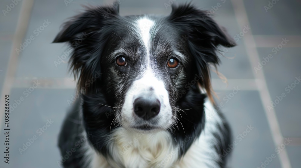 A black and white border collie gazes confidently at the camera, showcasing its striking features in a modern indoor setting A black and white border collie gazes confidently at the camera, showcasing its striking features in a modern indoor setting