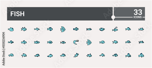 Fish line colorful icons set. Collection of outline types filled color sign. Editable stroke. Pixel perfect symbol pack. Vector illustration.