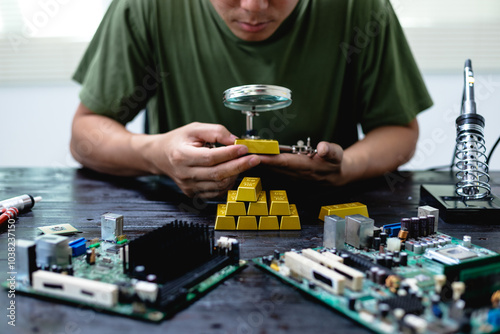 Technicians meticulously repair electronic components to turn them into precious gold. This process emphasizes advanced technical skills. photo