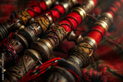 Intricately carved wooden and red velvet scottish highland bagpipes laying on traditional red tartan fabric photo