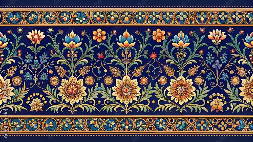 A vibrant floral tapestry woven with intricate details, a symphony of colors and textures adorning a deep blue canvas.