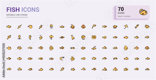 Fish line colorful icons set. Collection of outline types filled color sign. Editable stroke. Pixel perfect symbol pack. Vector illustration.