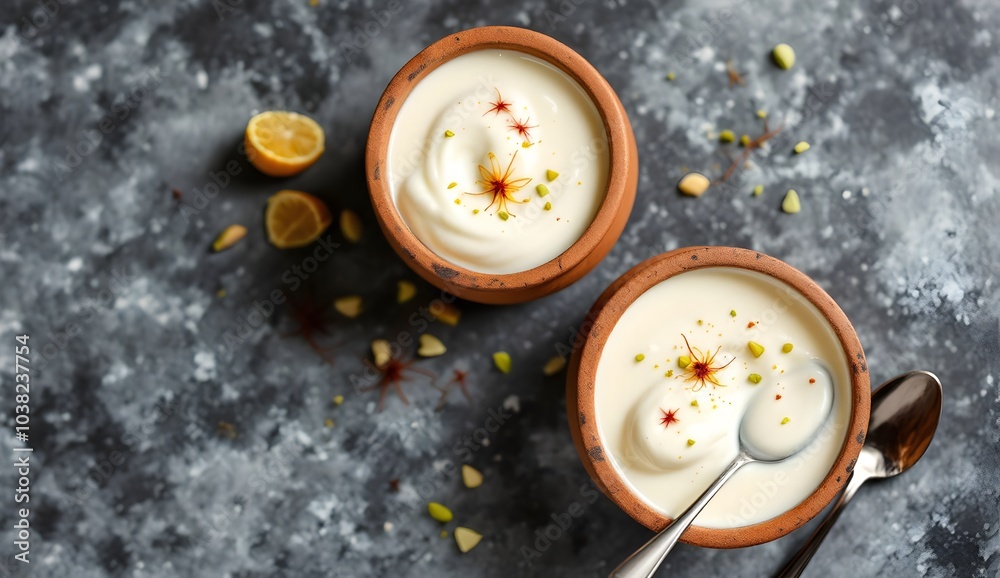 Traditional Bhapa Doi with Saffron and Pistachios in Clay Pots (Bangladeshi Cuisine) Traditional Bhapa Doi with Saffron and Pistachios in Clay Pots (Bangladeshi Cuisine)