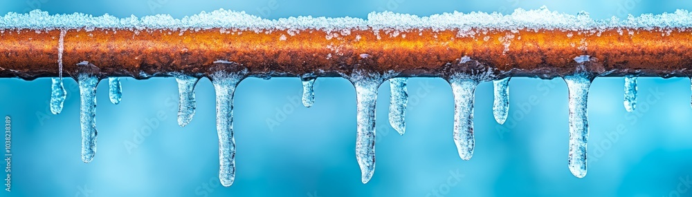 Icicles hanging from a rusted pipe against a blue background. Icicles hanging from a rusted pipe against a blue background.