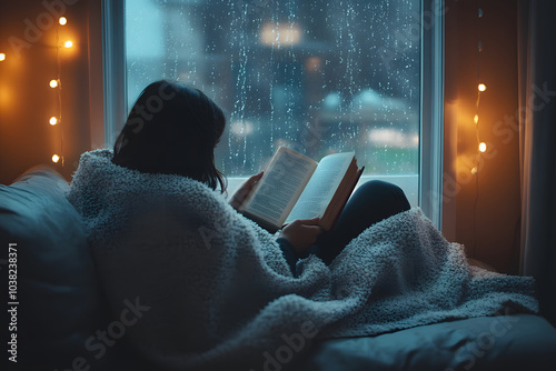 A cozy scene of a person wrapped in a blanket, reading a book by the window with rain falling outside 