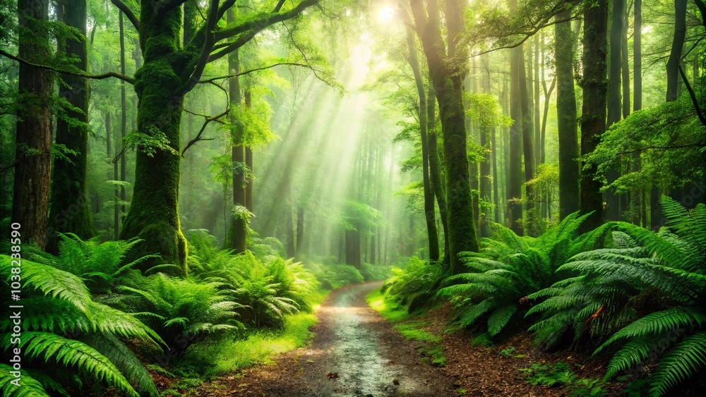 A winding path through a lush, verdant forest bathed in the ethereal glow of sunlight filtering through the dense canopy A winding path through a lush, verdant forest bathed in the ethereal glow of sunlight filtering through the dense canopy