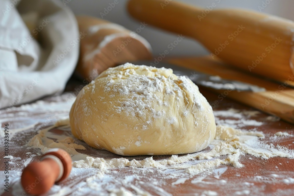 Fresh dough resting on a flour dusted wooden tabletop with rolling pins in the background Fresh dough resting on a flour dusted wooden tabletop with rolling pins in the background