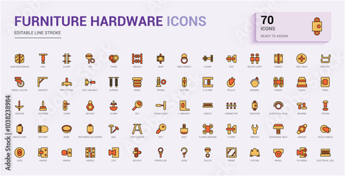 Furniture hardware line colorful icons set. Collection of felt furniture pads, kitchen facade and more. Editable color line and filled icon pack. Pixel perfect.
