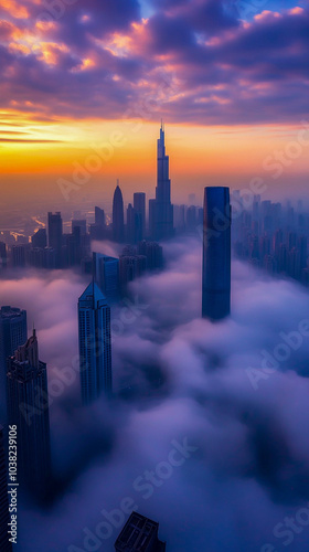 The city is filled with tall buildings and a beautiful sunset in the background.