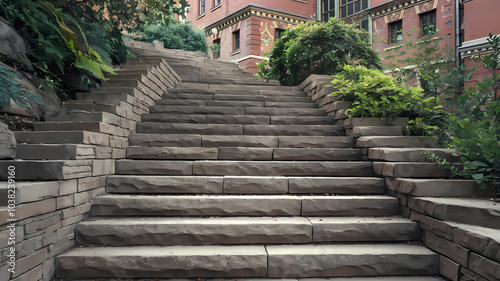 Stone staircase leading up through lush greenery to a building, showcasing natural landscaping and architectural design in a serene outdoor setting.