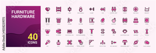 Furniture hardware line colorful icons set. Collection of felt furniture pads, kitchen facade and more. Editable color line and filled icon pack. Pixel perfect.