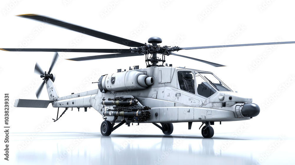 A white military helicopter with a black tail rotor, black blades, and missiles attached to the side, sitting on a white surface, isolated on a white background.