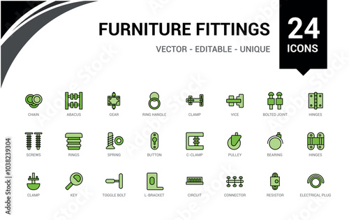 Furniture Fittings line colorful icons set. Collection of carpenter fasteners, fittings hardware and more. Editable color line and filled icon pack. Pixel perfect.